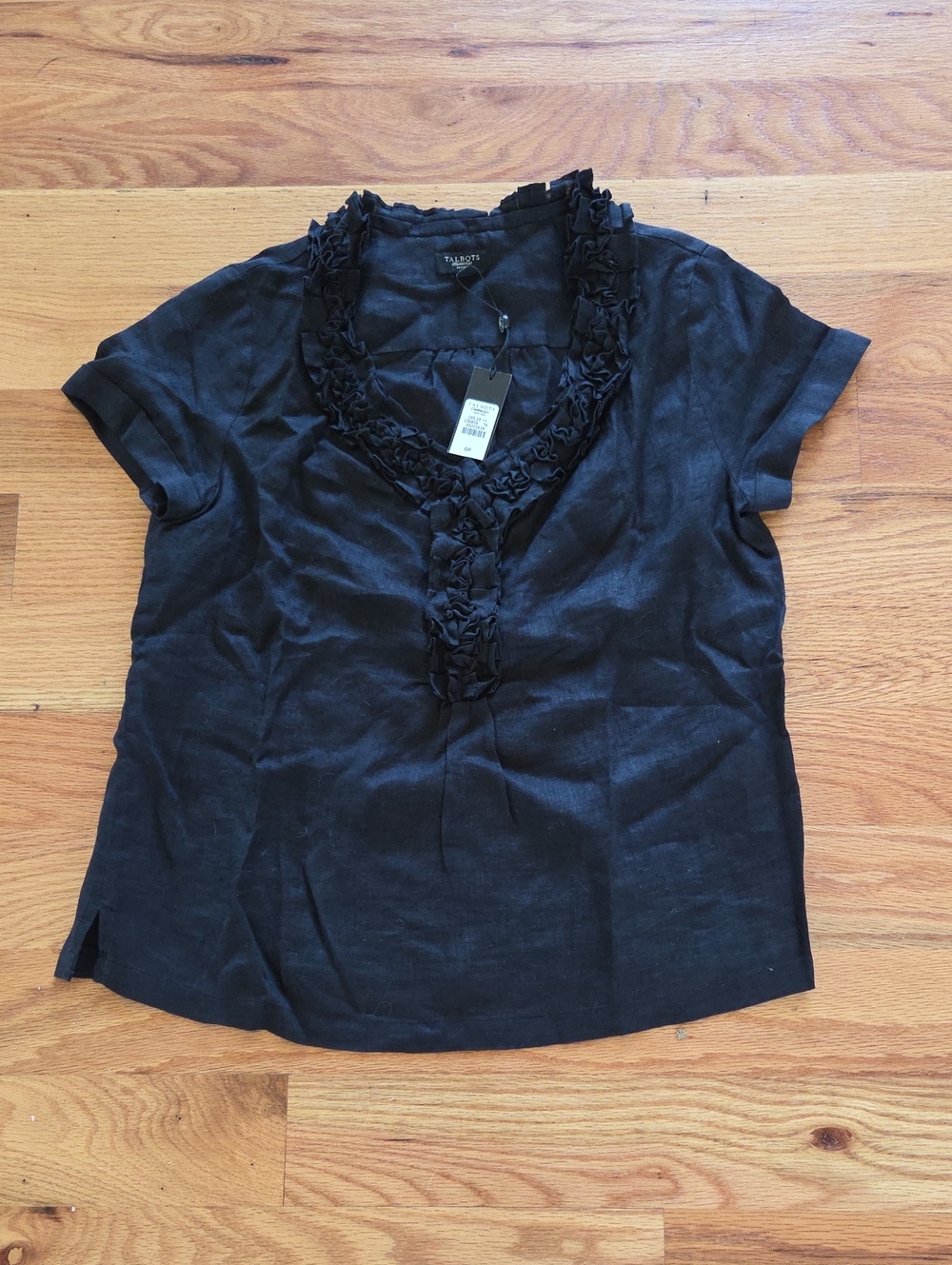 Talbots Brand New Linen Black Short Sleeve V-Neck Top with Ruffle Trim Size 6P